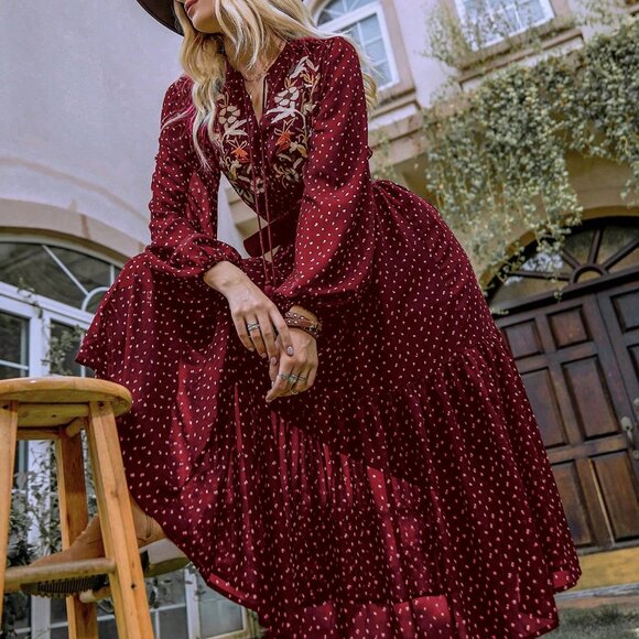 Burgundy Boho Beauty Women's   Polka Dot Dress - Picture 5 of 6
